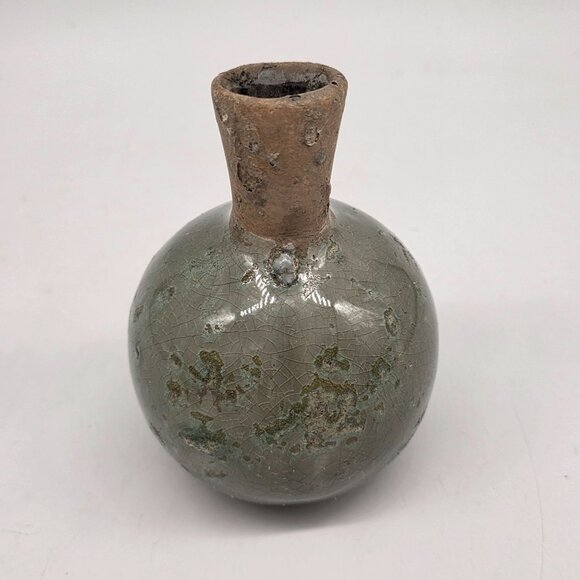 Vintage Small Brutalist Ceramic Vase Crackle Glaze & Rustic Green Brown 4.5" - Picture 2 of 7
